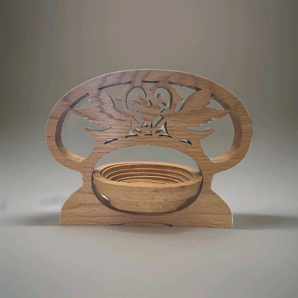 Vintage Handcrafted Oak Collapsible Wooden Basket Love Birds Heart Fretwork Bowl
